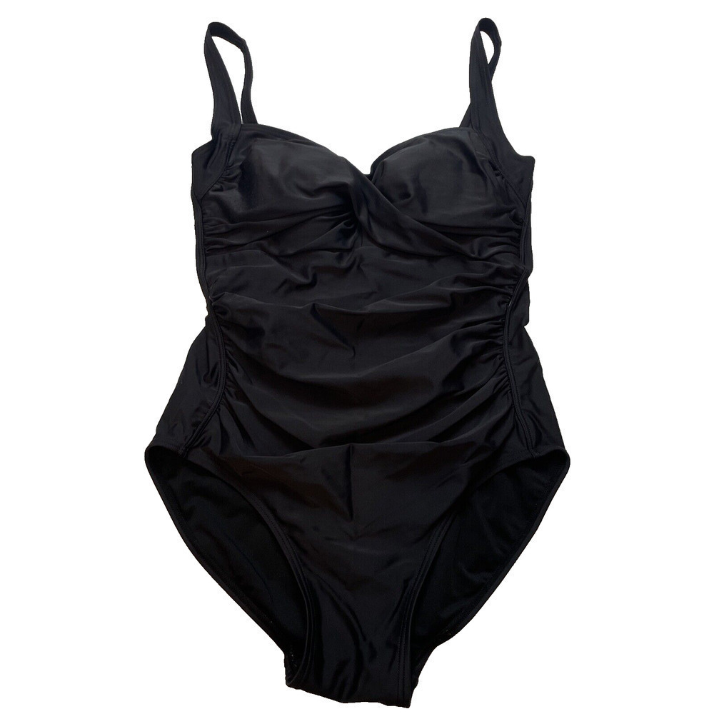 Shore Shapes Womens One Piece Swimsuit Sz 10 Black Ruched Tummy Control Slimming